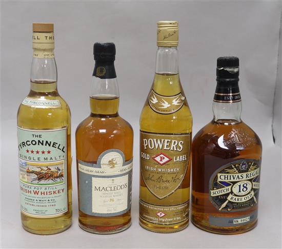 Six bottles: Powers Irish whiskey, Macleods single malt Islay 8 yo, Tyrconnell single malt, Chivas Regal scotch 18 yo, Highland Park,